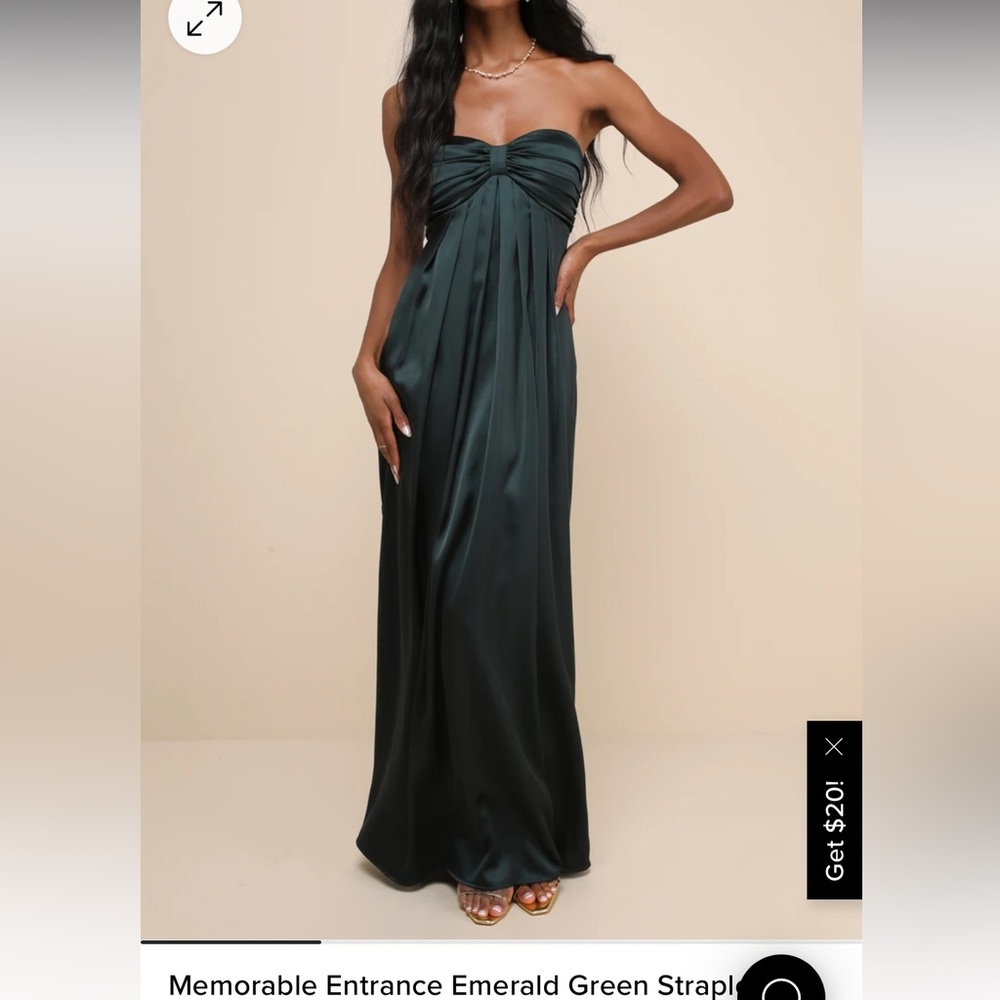 Lulu’s Memorable Entrance Emerald Green Strapless Satin Maxi Dress size S